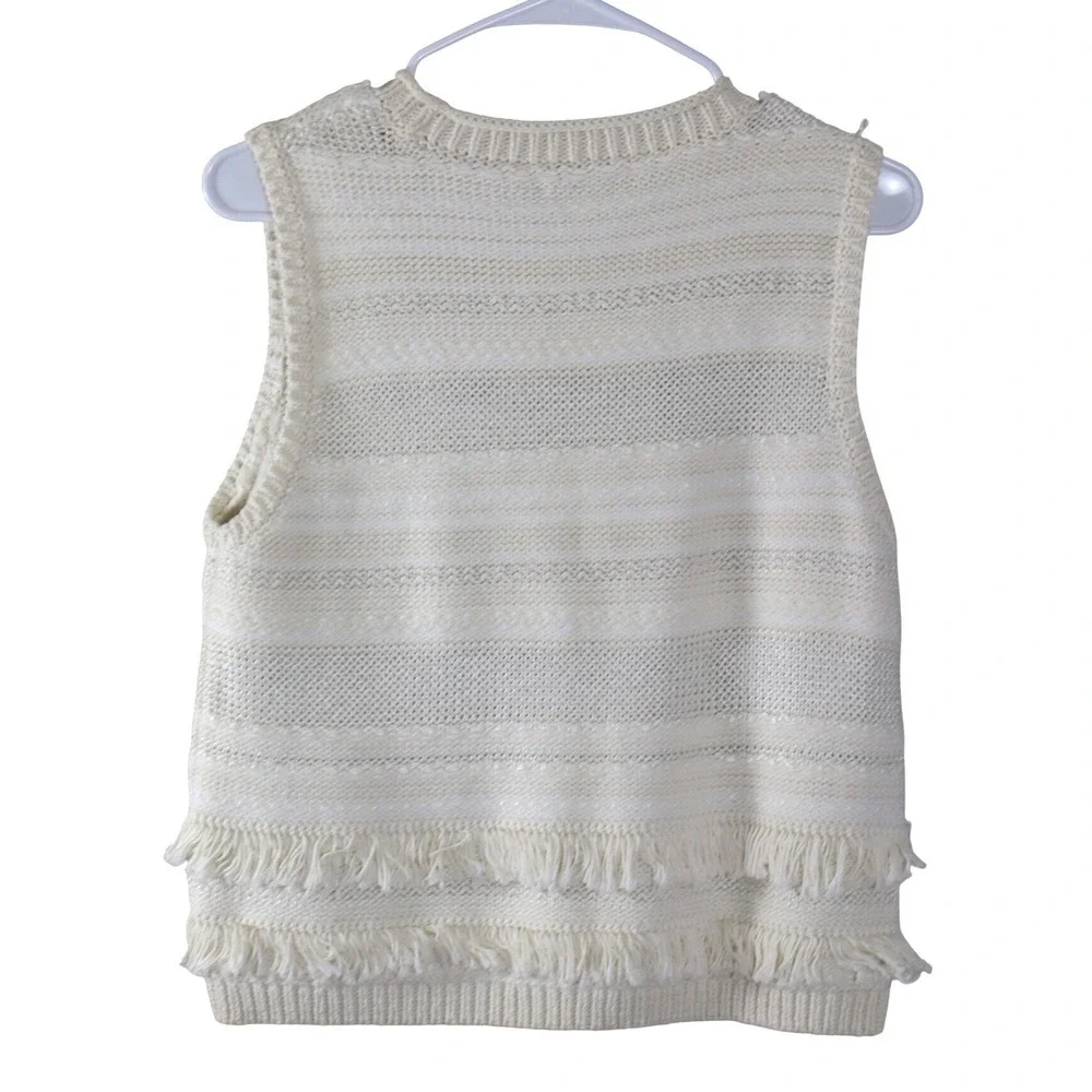 Club Monaco Womens Ivory Striped Fringe Knit Sweater Vest Large Sleeveless Cream